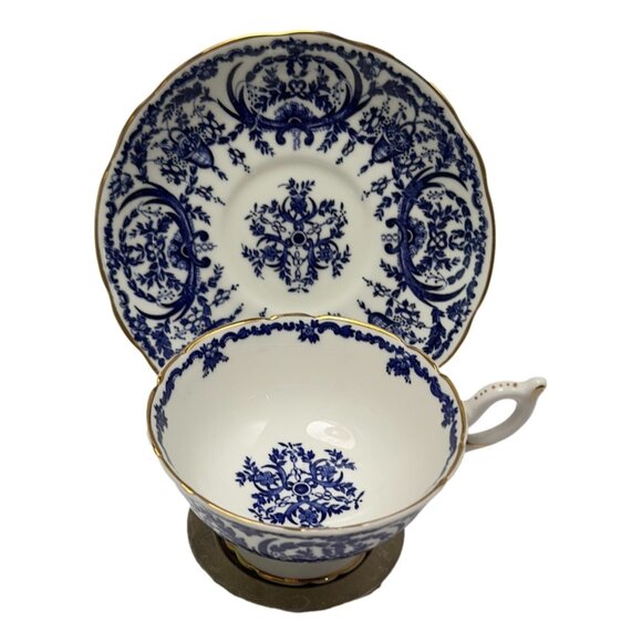 Coalport Teacup Saucer White Blue Scroll Bone China Made in England - Picture 1 of 14